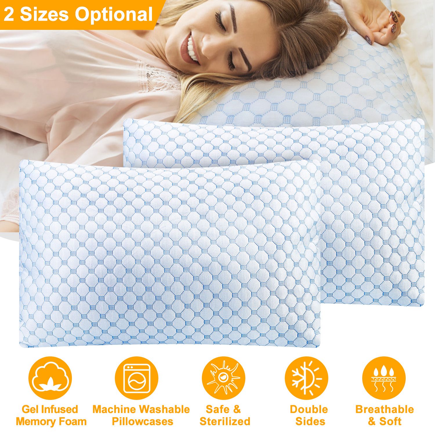 Soft Bed Pillow With Cooling Gel Infused Memory Foam | Washable