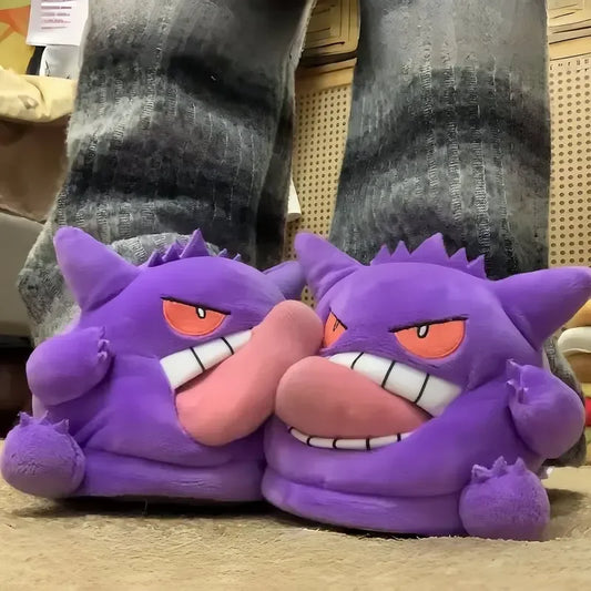 2026 Cute Gengar Slippers – Funny Tongue-Out Design, Soft Plush Warm Indoor Home Slippers for Couples, Cozy Winter Cartoon Shoes
