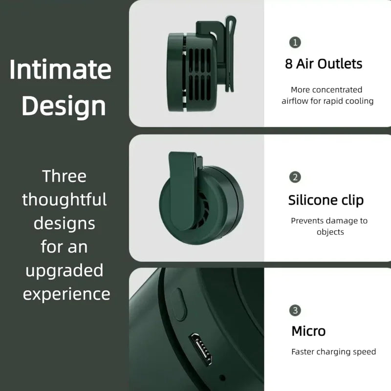 Portable Silent Mini Bladeless Fan Clip On Adjustable 3 Speeds Suspended Waist Suitable Outdoor Travel Office Accessories